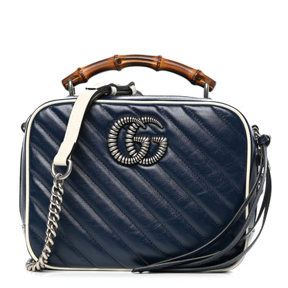 Gucci Vintage Effect Calfskin Matelasse Diagonal Small Torchon GG Marmont Bamboo Top Handle Shoulder Bag Blue Agata Mystic White 1 of 10
