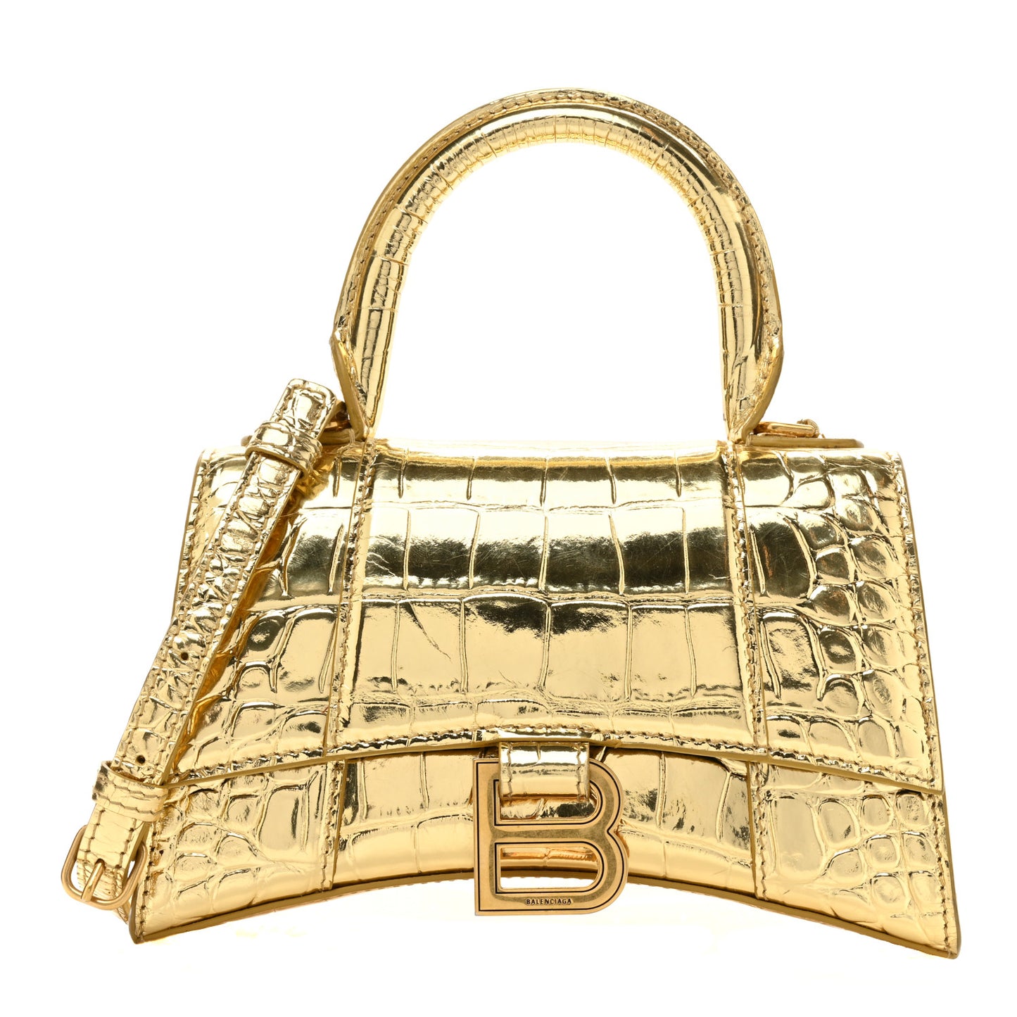 Metallic Calfskin Crocodile Embossed Hourglass Top Handle Bag XS Gold