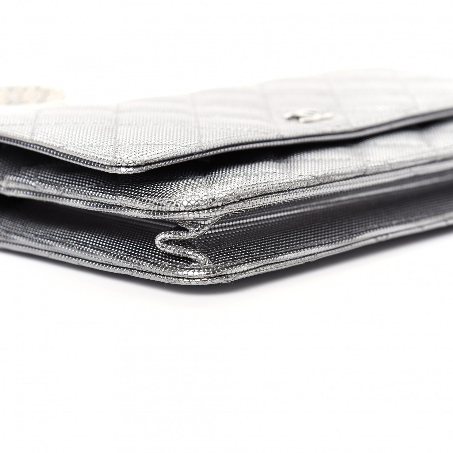 Metallic Calfskin Quilted Pixel Effect Wallet on Chain WOC Silver