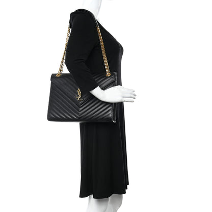 Saint Laurent Grain De Poudre Matelasse Chevron Large Monogram Satchel Black 2 of 14