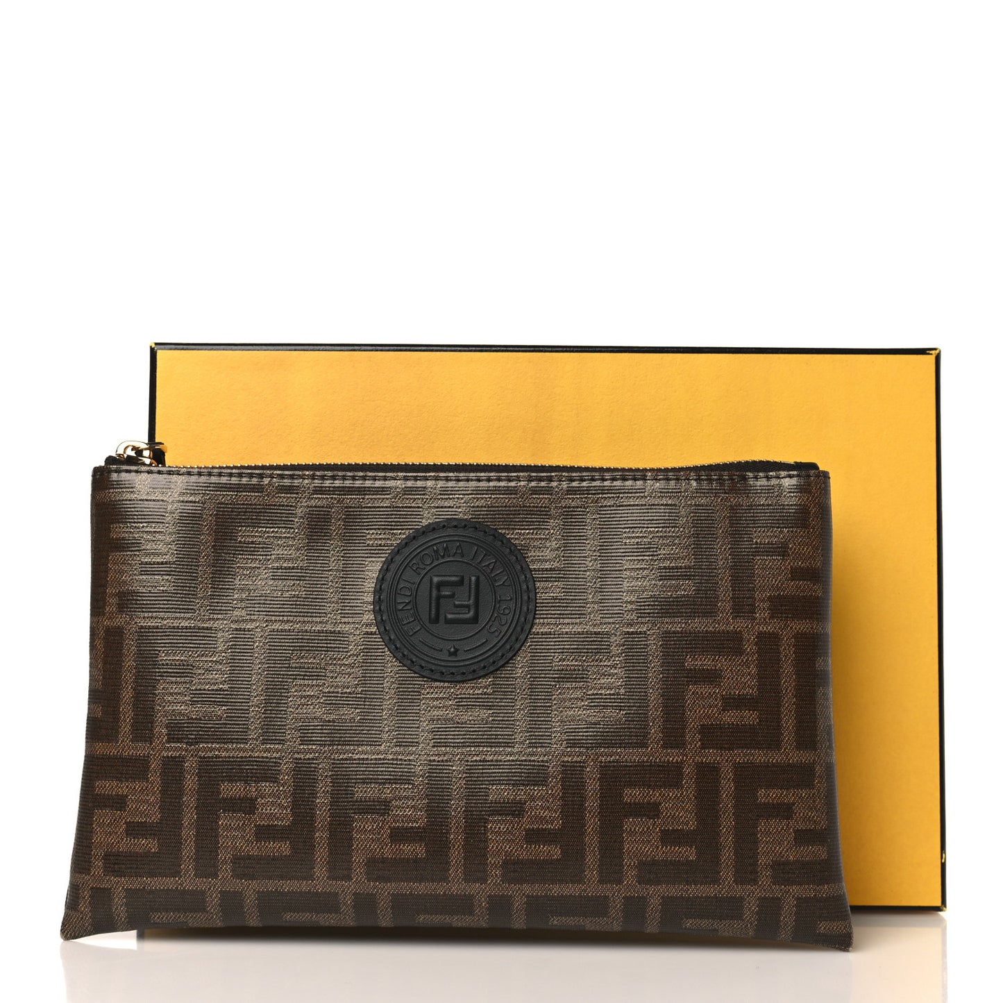 Glazed Fabric Vitello Century FF 1974 Stamp Patch Small FFreedom Flat Pouch Mogano Panna Black