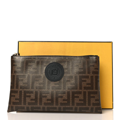 Fendi Glazed Fabric Vitello Century FF 1974 Stamp Patch Small FFreedom Flat Pouch Mogano Panna Black 8 of 8