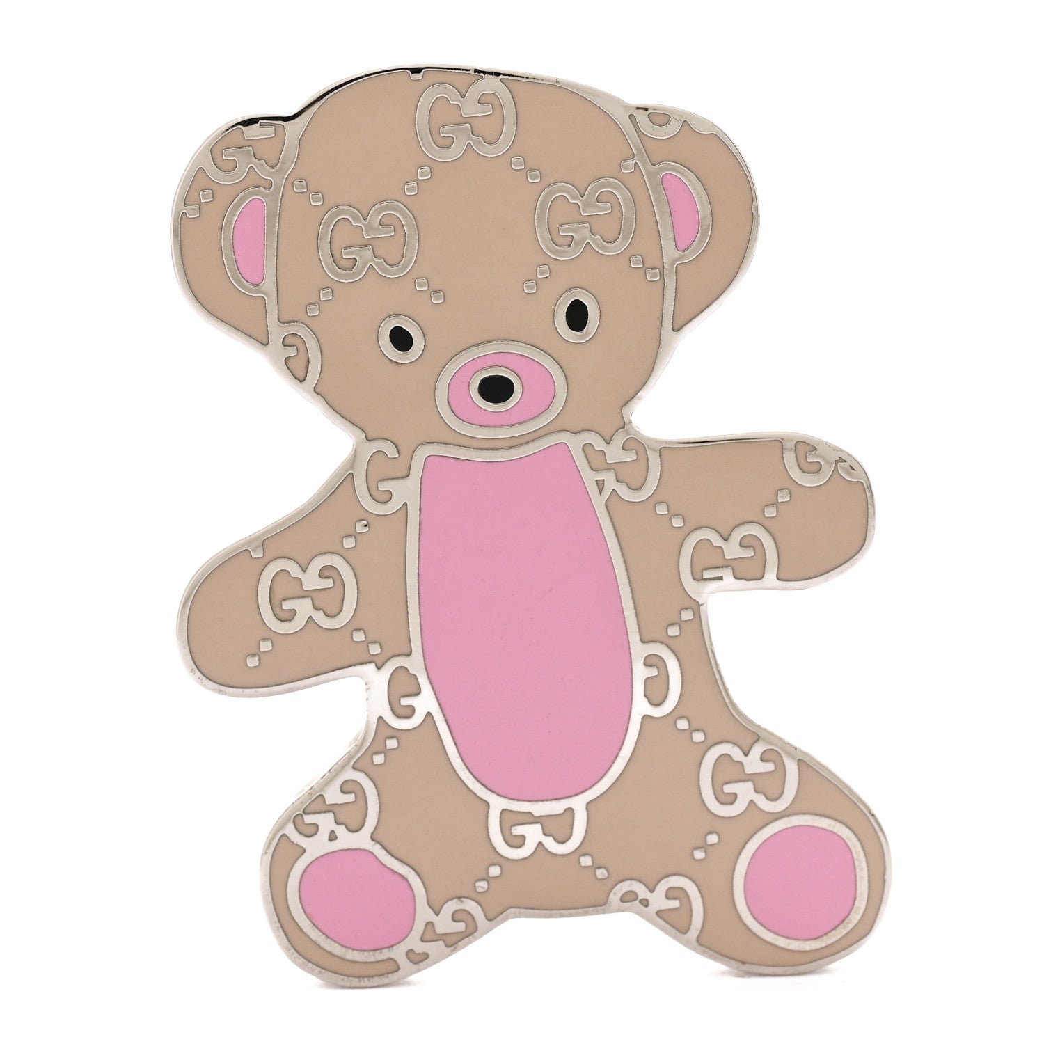 Gucci Metal Enamel Monogram Bear Brooch Beige Pink 1 of 3