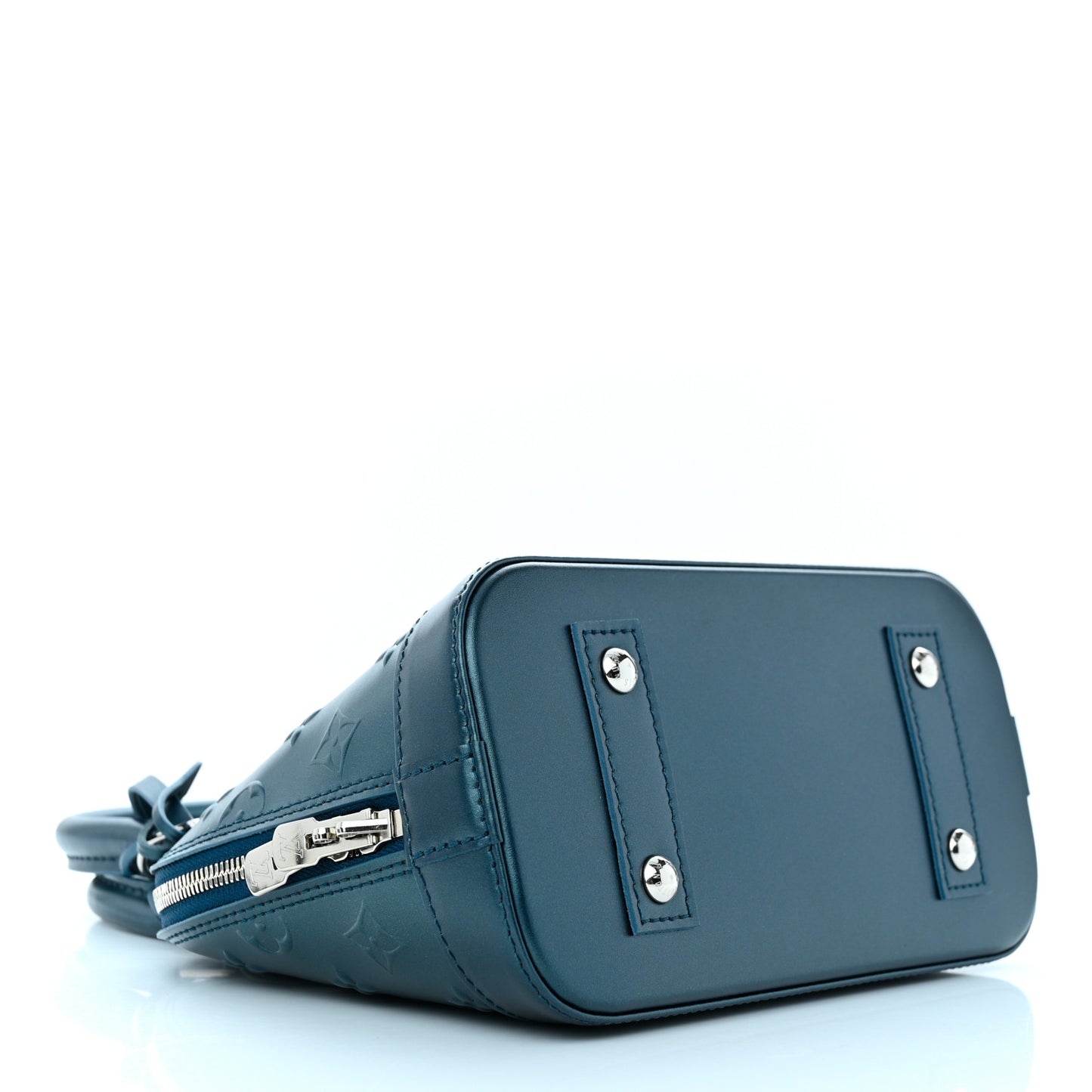 Metallic Calfskin Debossed Monogram Alma BB Steel Blue