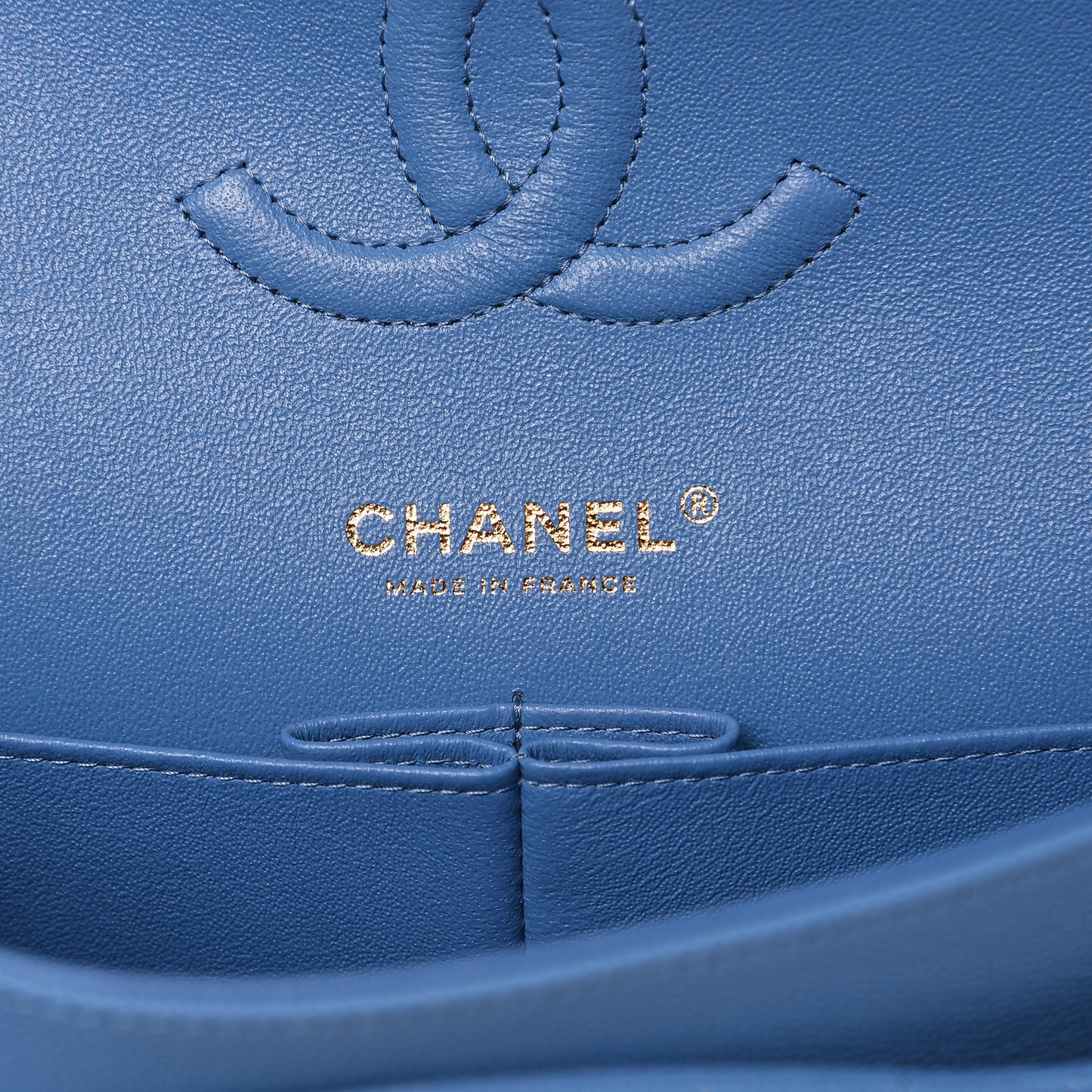 Caviar Flat Chevron Quilted Medium Double Flap Blue