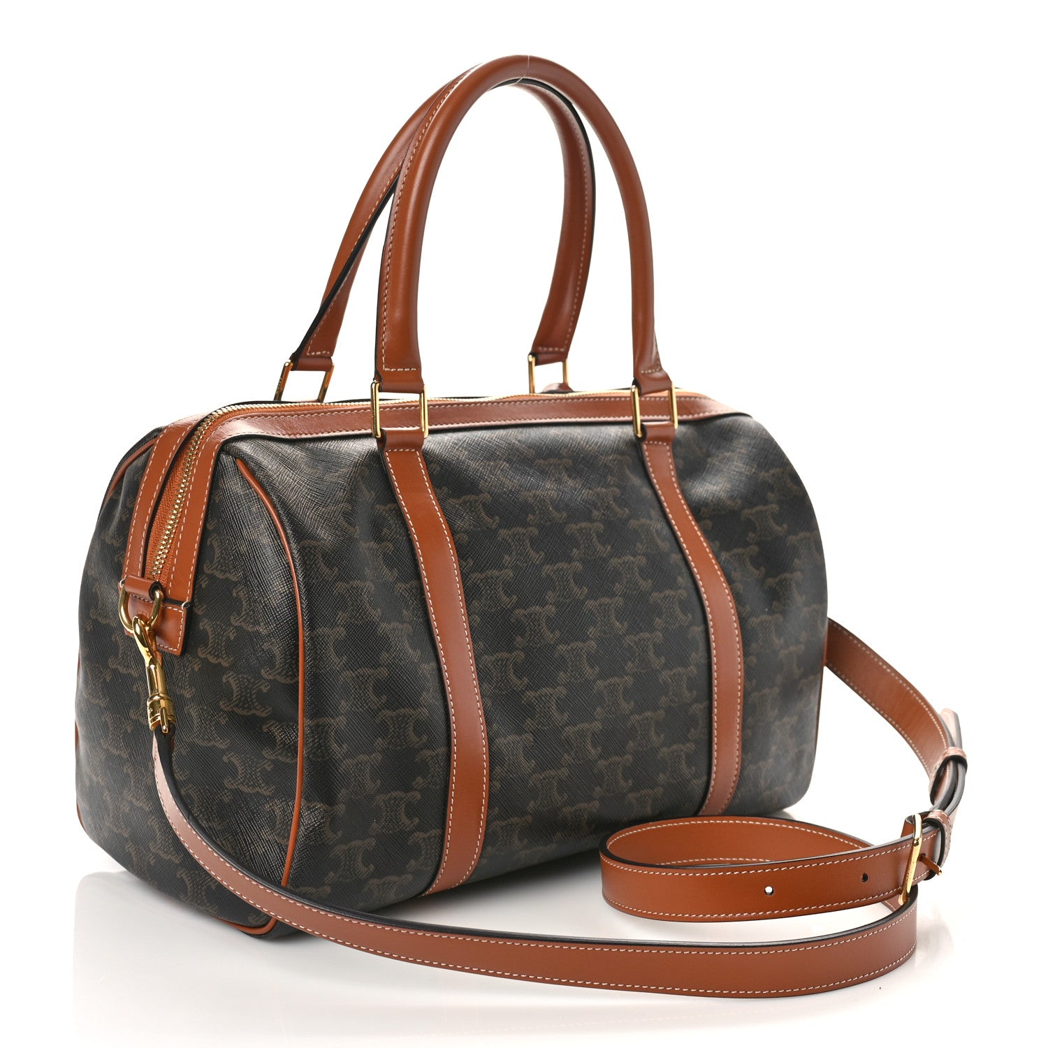 Celine Triomphe Canvas Calfskin Boston Bag Tan 3 of 8