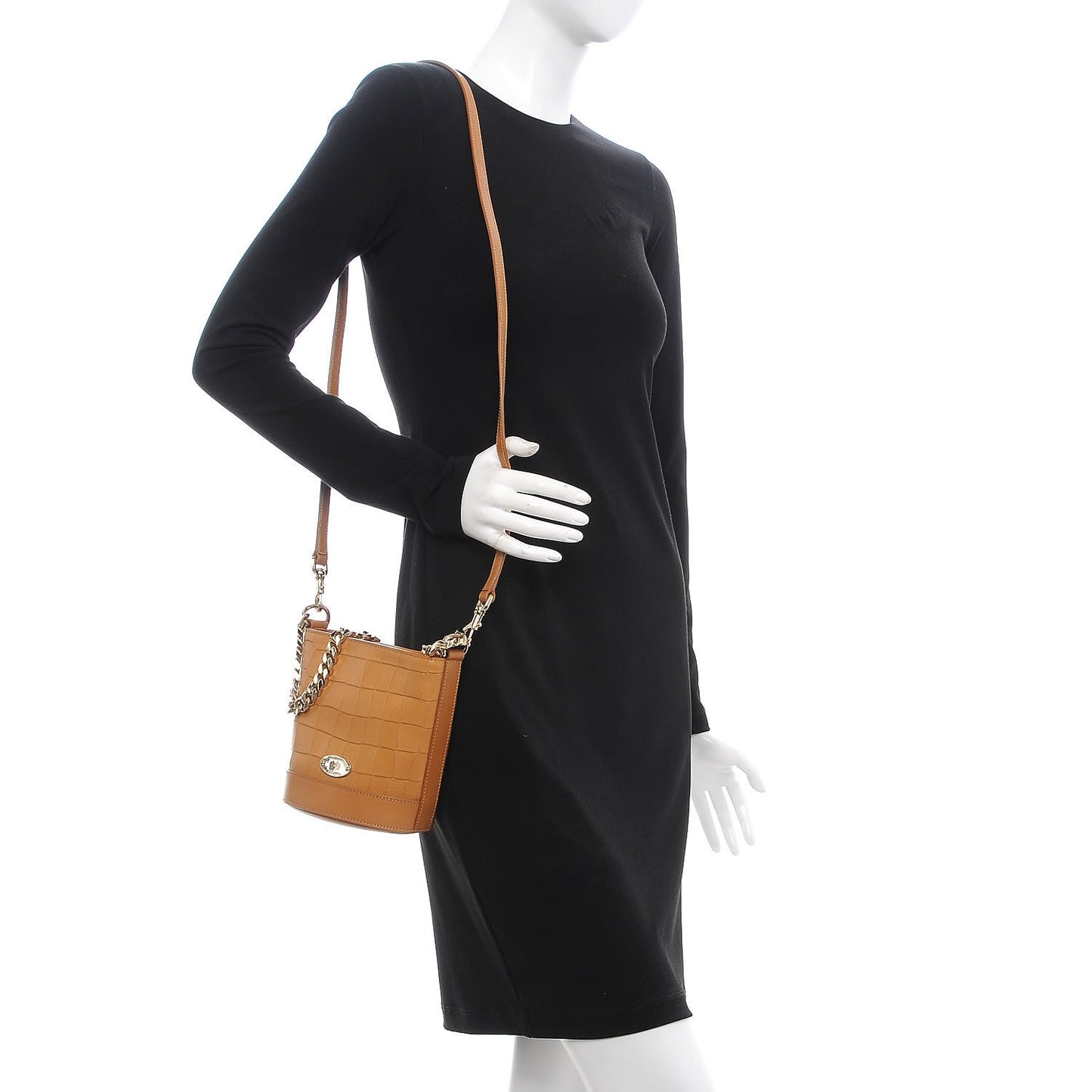 Calfskin Crocodile Embossed Mini Jamie Bucket Bag Camel