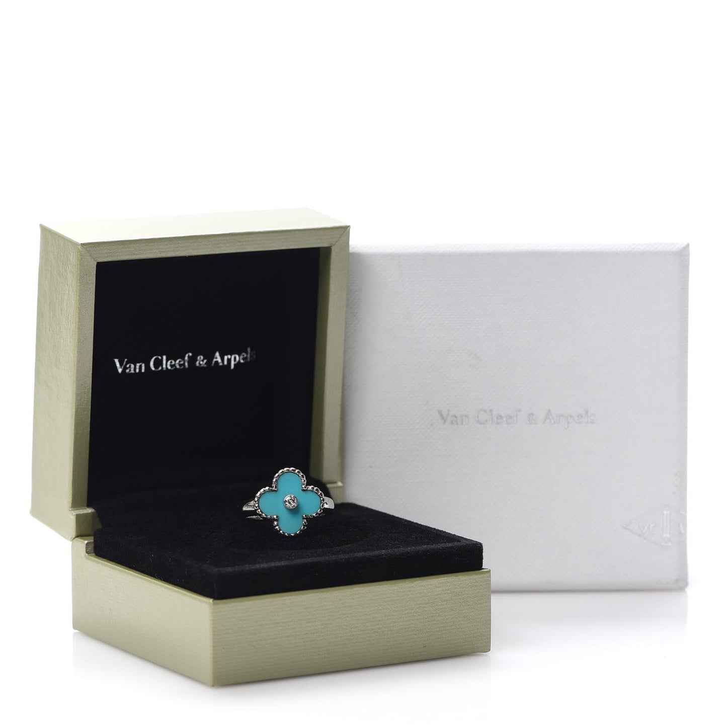18K White Gold Diamond Turquoise Vintage Alhambra Ring 52 6