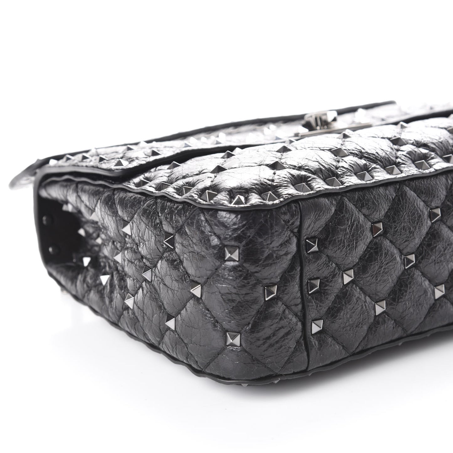 Craquele Nappa Medium Rockstud Spike Shoulder Bag Black