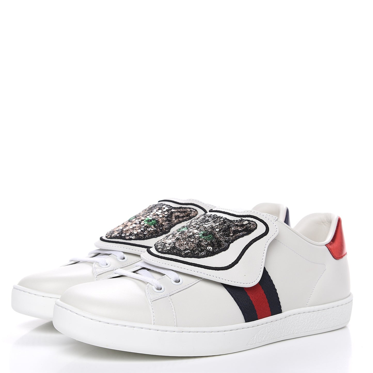 Calfskin Sequins Web Cat Womens Ace Sneakers 40 White