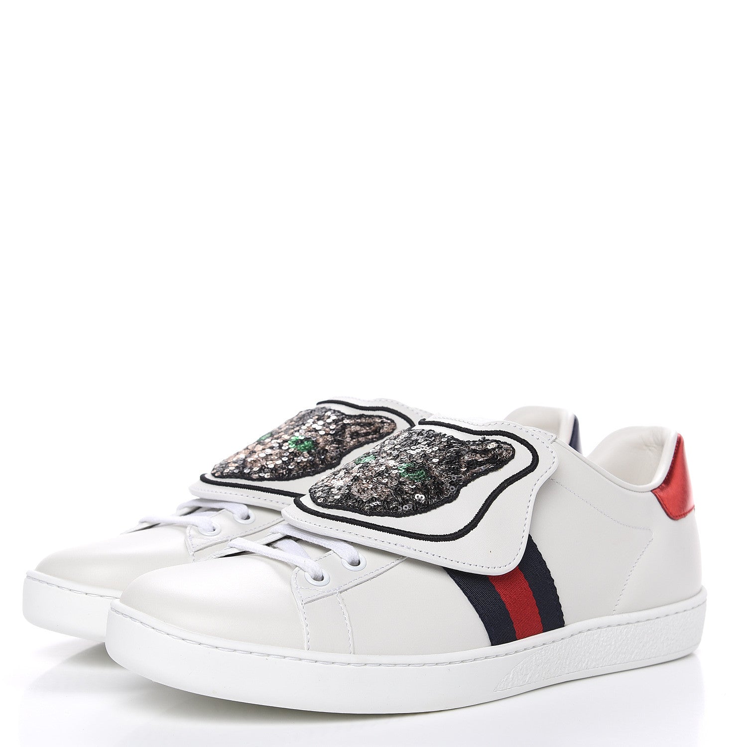 Gucci Calfskin Sequins Web Cat Womens Ace Sneakers 40 White 3 of 11