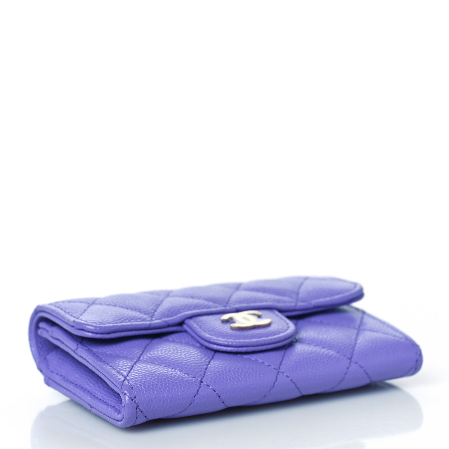 Caviar Quilted Flap Card Holder Wallet Purple