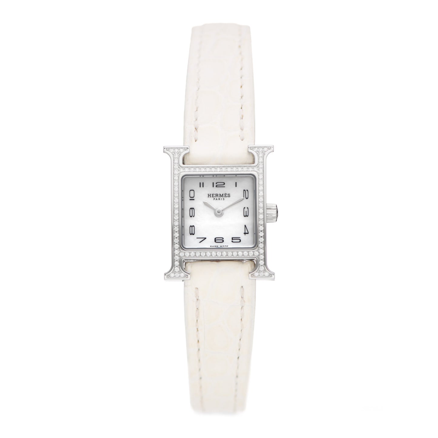 Stainless Steel Alligator Diamond Bezel Mother of Pearl 17.2mm Heure H Hour Quartz Watch Blanc