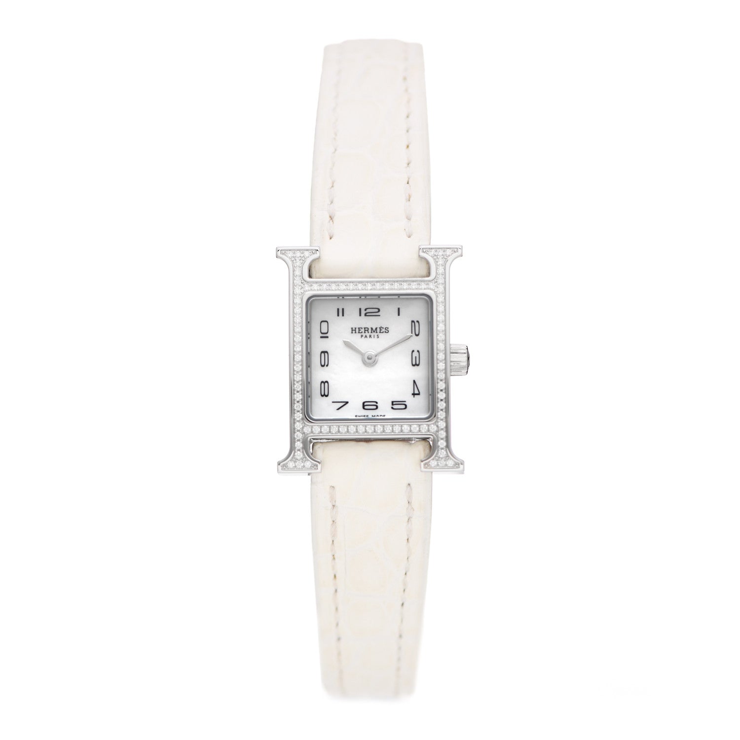 Hermes Stainless Steel Alligator Diamond Bezel Mother of Pearl 17.2mm Heure H Hour Quartz Watch Blanc 1 of 5