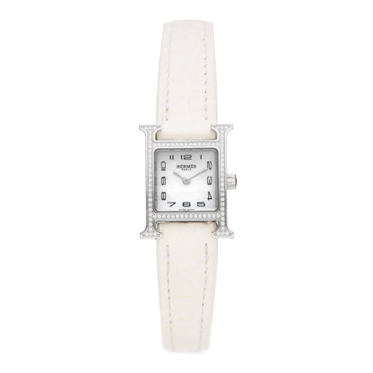 Hermes Stainless Steel Alligator Diamond Bezel Mother of Pearl 17.2mm Heure H Hour Quartz Watch Blanc 1 of 5