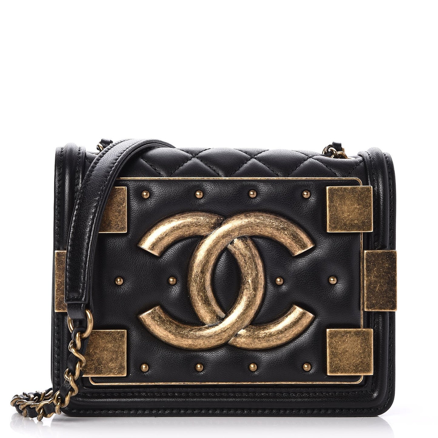 Lambskin Quilted Boy Brick Studded Flap Black
