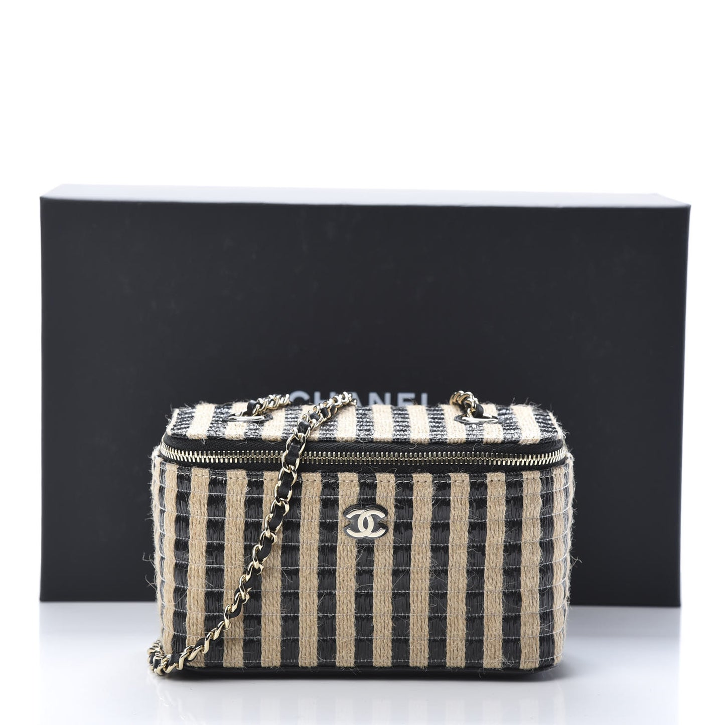 Raffia Jute Striped Small Vanity Case With Chain Black Beige