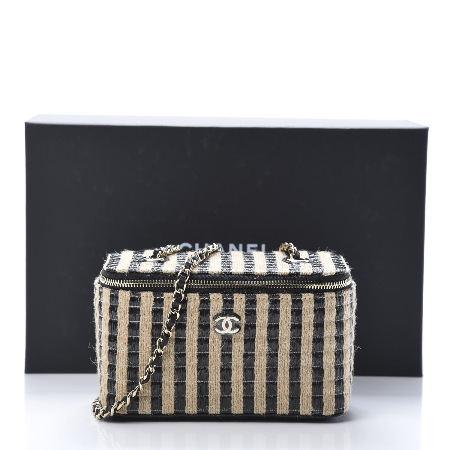 Chanel Raffia Jute Striped Small Vanity Case With Chain Black Beige 11 of 11