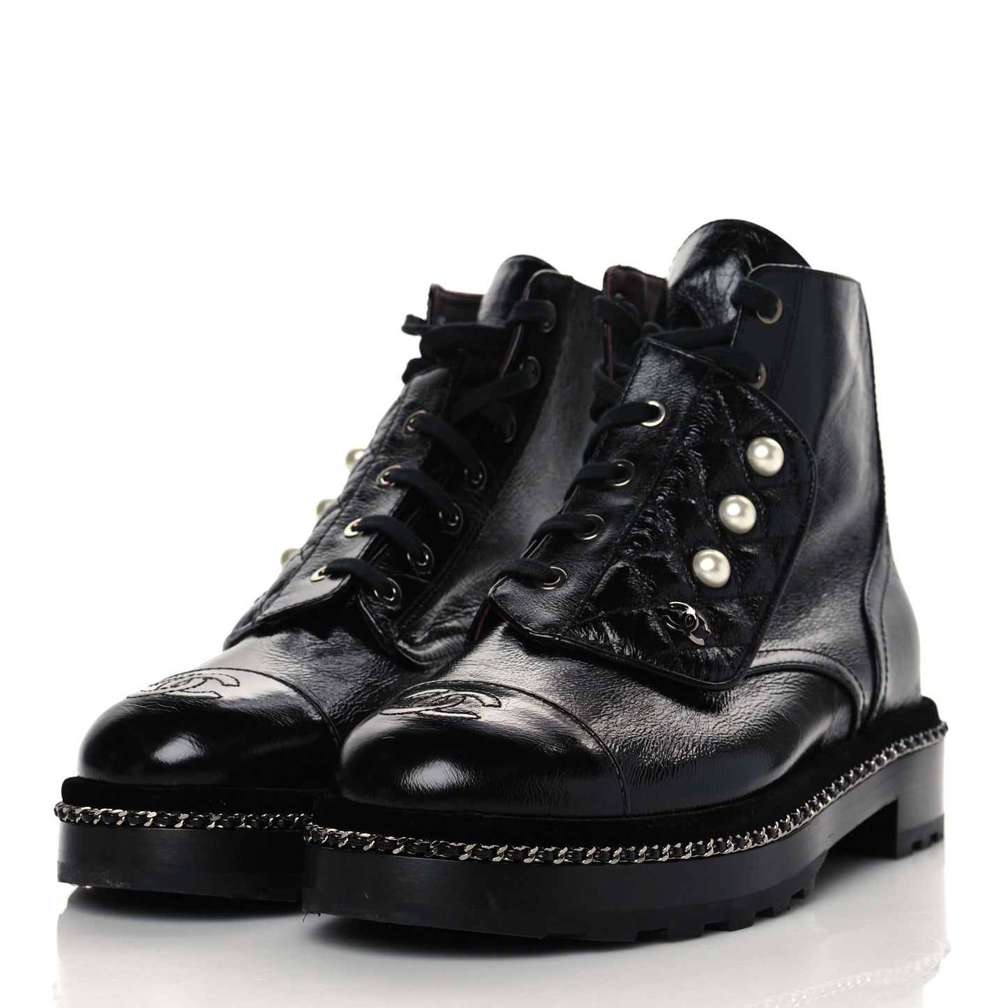 Crackled Calfskin Velvet Pearl Combat Short Boots 39 Black