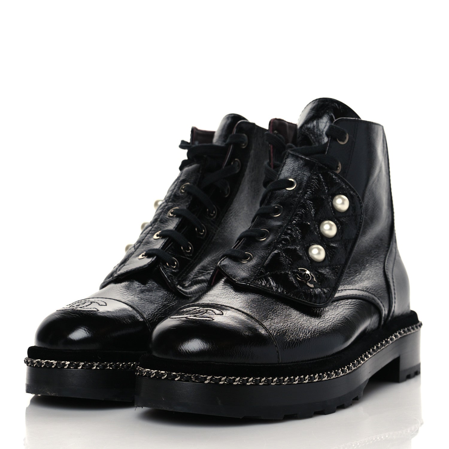 Chanel Crackled Calfskin Velvet Pearl Combat Short Boots 39 Black 3 of 8