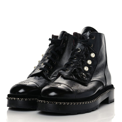 Chanel Crackled Calfskin Velvet Pearl Combat Short Boots 39 Black 3 of 8