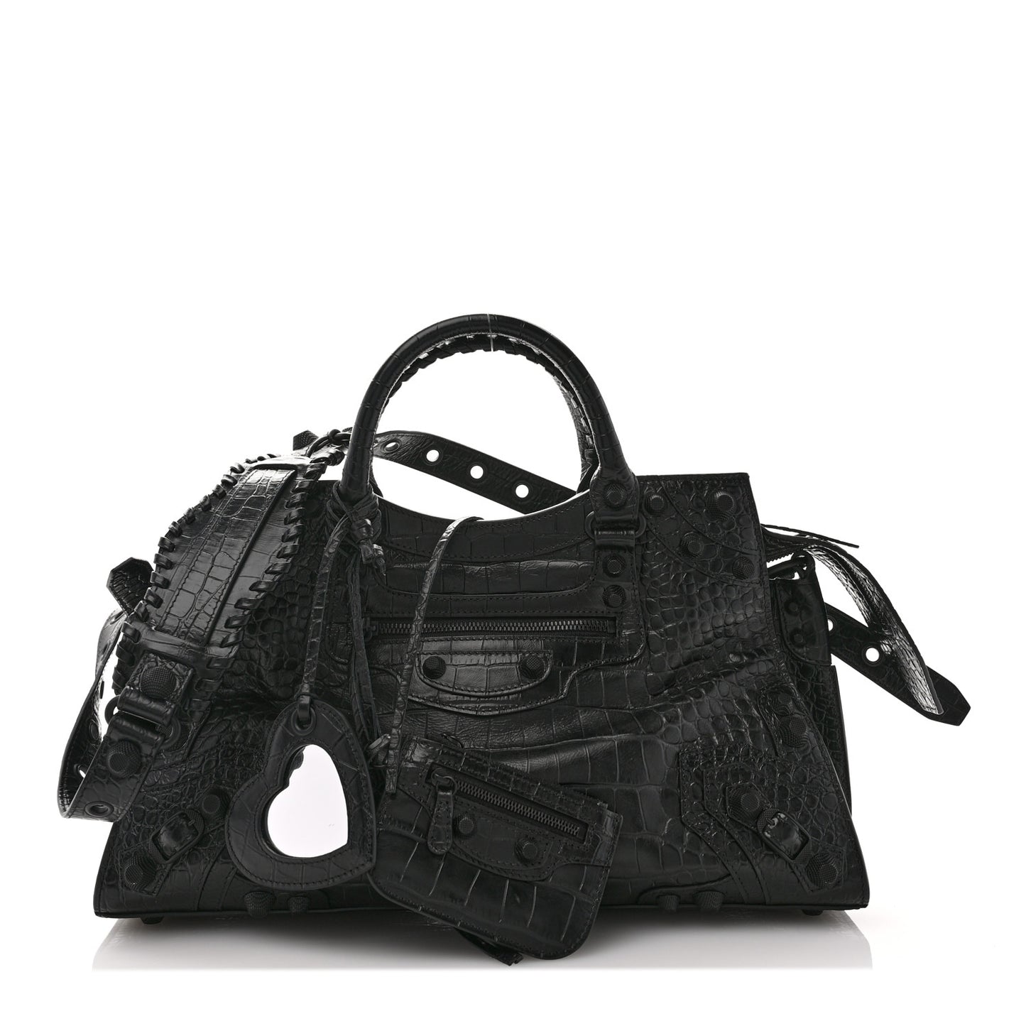 Semi Shiny Calfskin Crocodile Embossed Neo Cagole Black Hardware City Handbag Black
