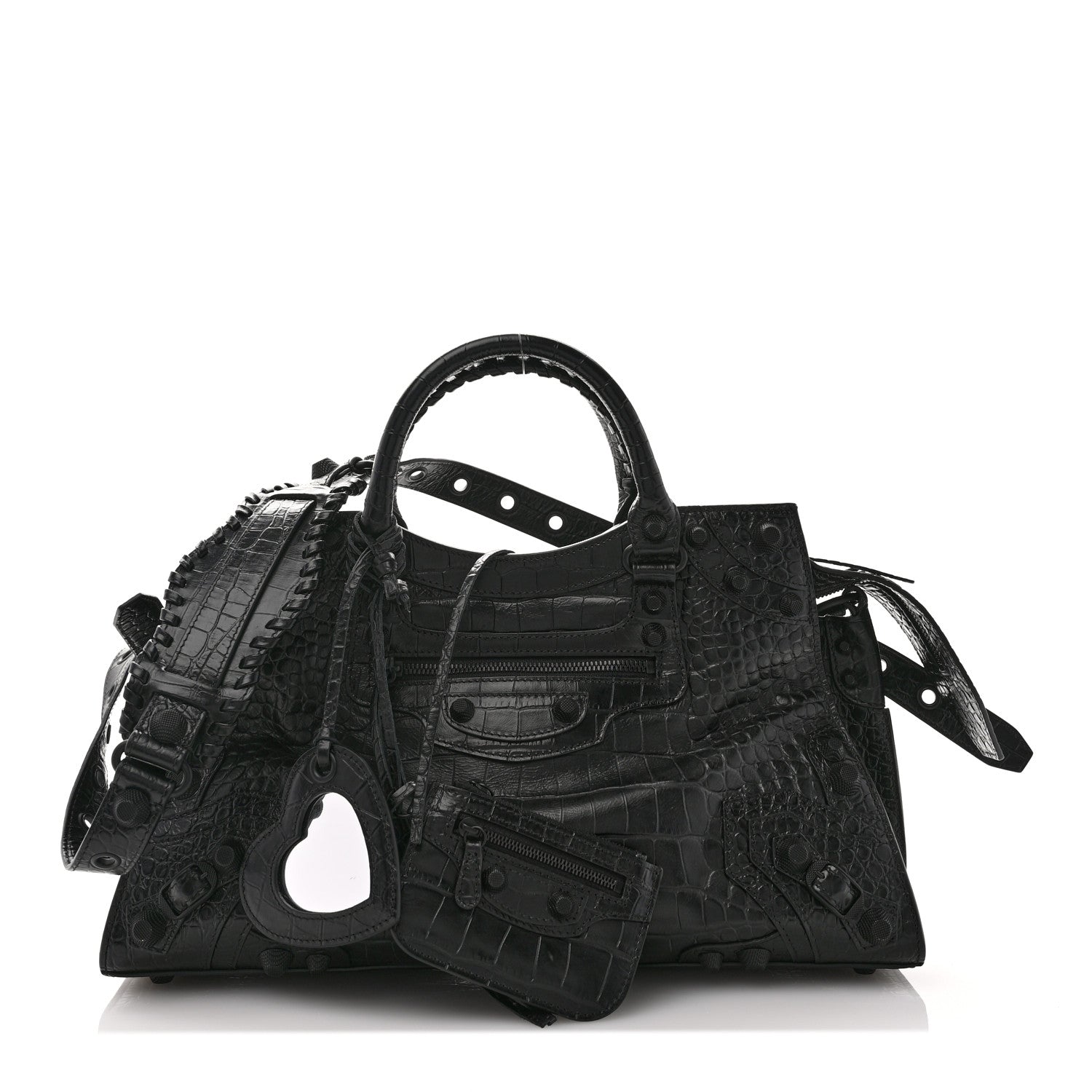 Balenciaga Semi Shiny Calfskin Crocodile Embossed Neo Cagole Black Hardware City Handbag Black 1 of 10