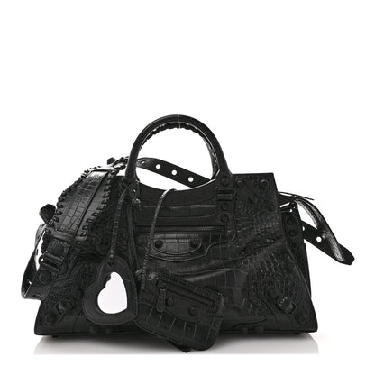 Balenciaga Semi Shiny Calfskin Crocodile Embossed Neo Cagole Black Hardware City Handbag Black 1 of 10
