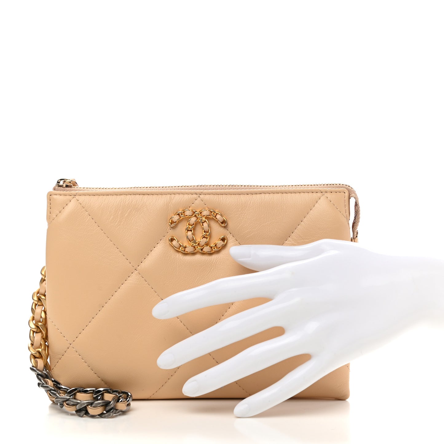 Shiny Goatskin Quilted Chanel 19 Small Pouch With Handle Beige