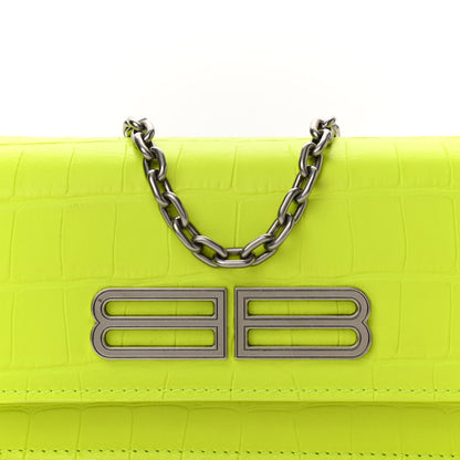 Balenciaga Extra Supple Calfskin Crocodile Embossed Gossip Wallet On Chain Fluo Yellow 8 of 11