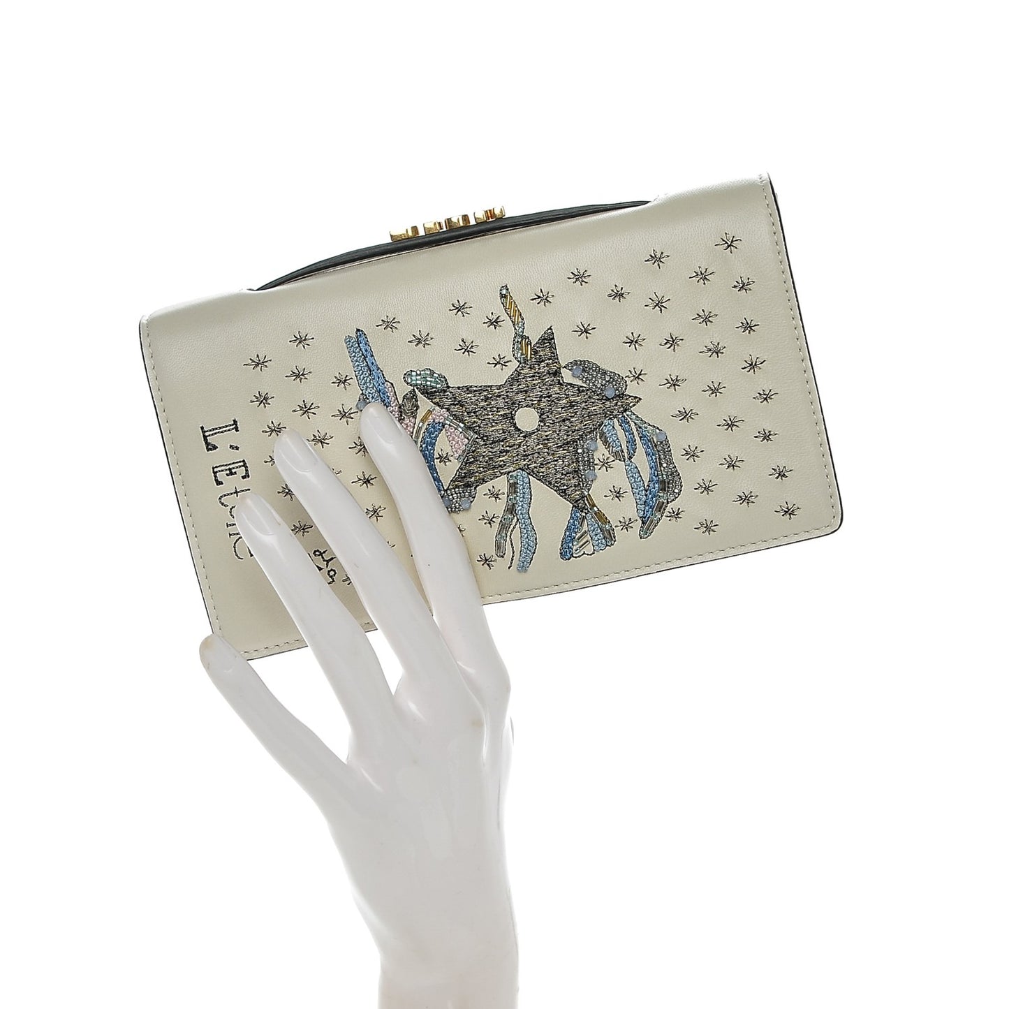 Lambskin Embroidered Star Tarot Pouch Clutch Latte