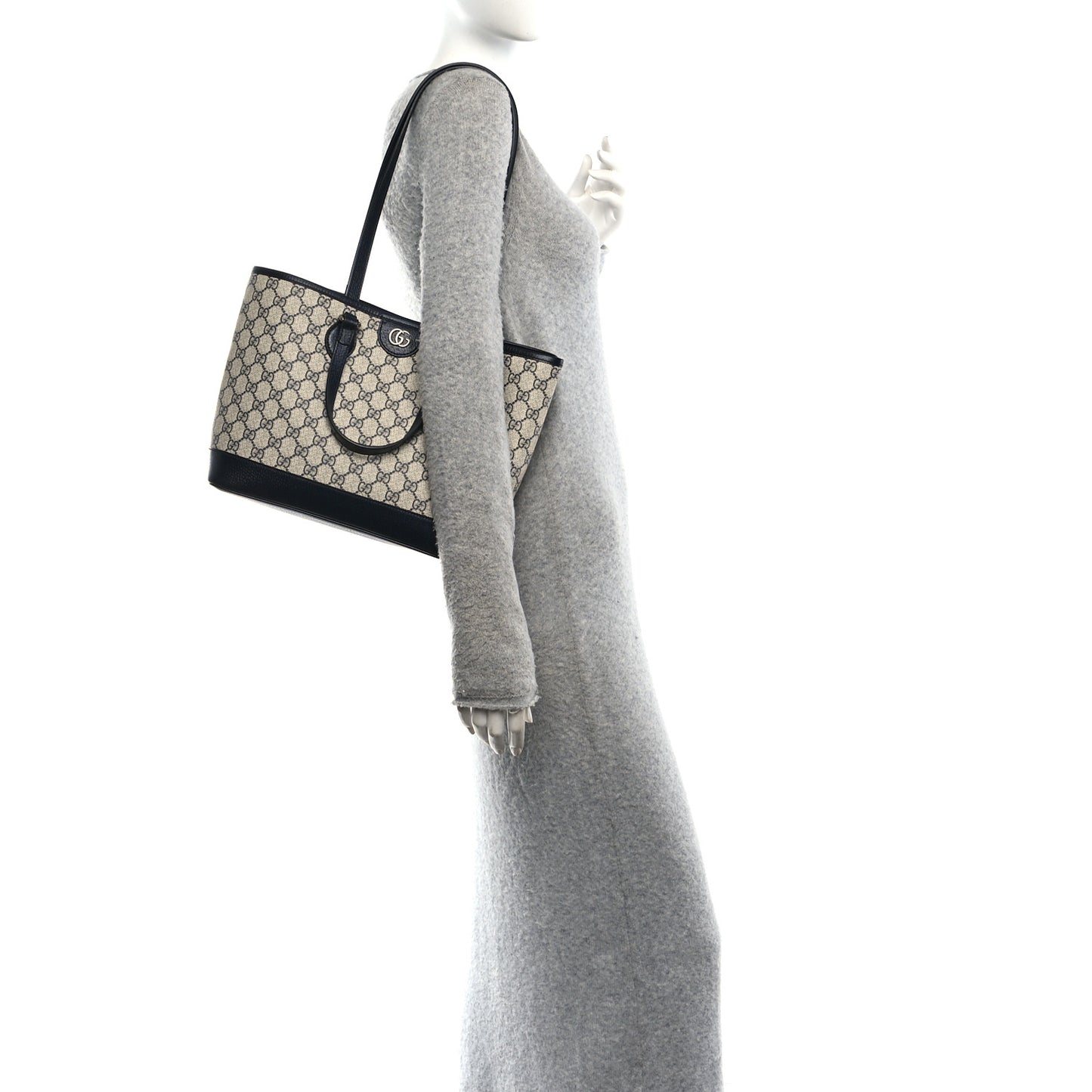 GG Supreme Monogram Textured Dollar Calfskin Small Shoulder Tote Bag Beige Blue