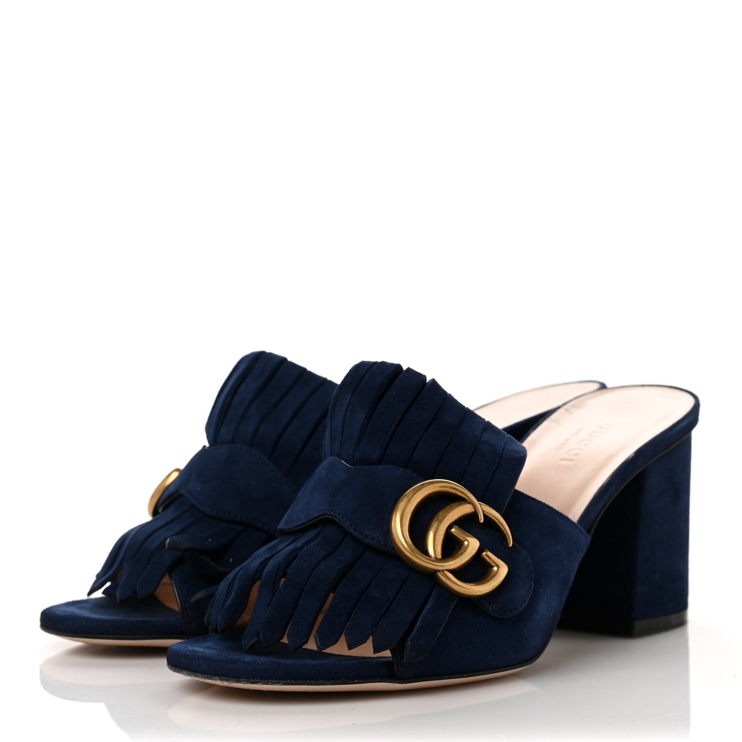 Kid Scamosciato GG Marmont Fringe 75mm Slide Sandals 36.5 Blue Ink