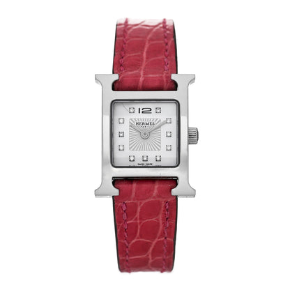 Hermes Stainless Steel Alligator Diamond Mother of Pearl 17.2mm Heure H Hour Quartz Watch Framboise 1 of 5