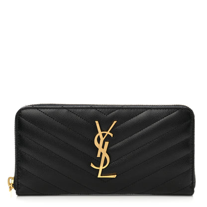 Saint Laurent Grain De Poudre Matelasse Chevron Monogram Zip Around Wallet Black 1 of 7