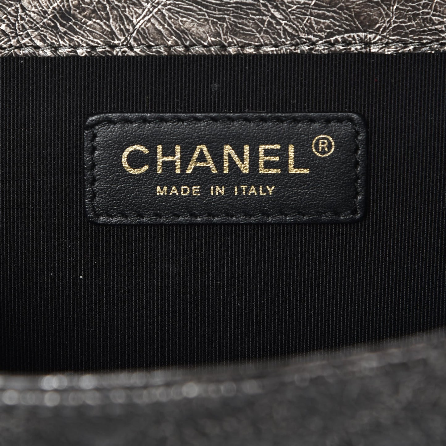 Cracked Metallic Calfskin Quilted Zip Away Chain Clutch Dark Silver