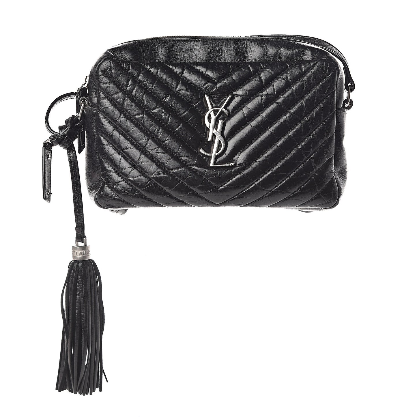 Cracked Shiny Calfskin Matelasse Monogram Lou Camera Bag Black
