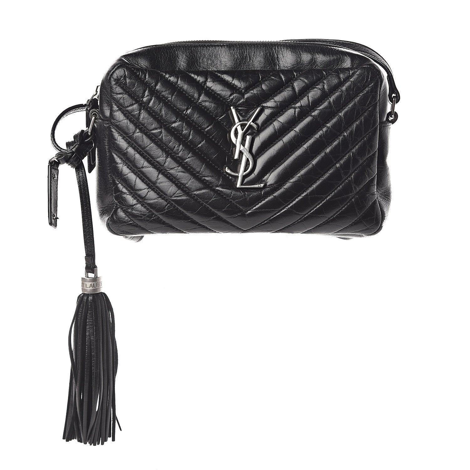Saint Laurent Cracked Shiny Calfskin Matelasse Monogram Lou Camera Bag Black 1 of 7