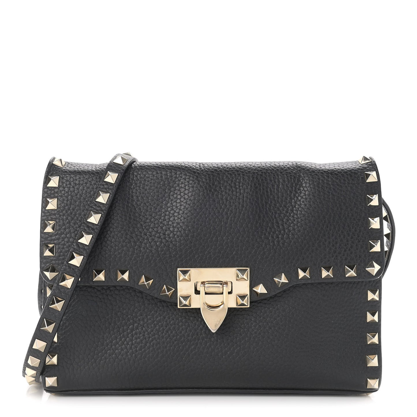 Pebbled Calfskin Medium Rockstud Flip Lock Crossbody Bag Black