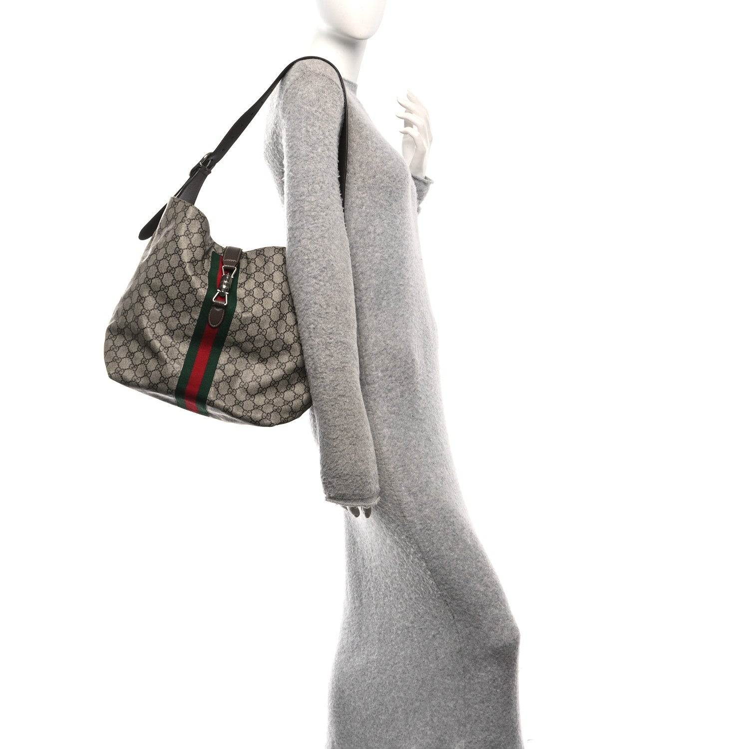 Gucci Tender GG Supreme Monogram Textured Dollar Calfskin Web Medium Jackie 1961 Crossbody Bag Beige Ebony New Acero 2 of 10
