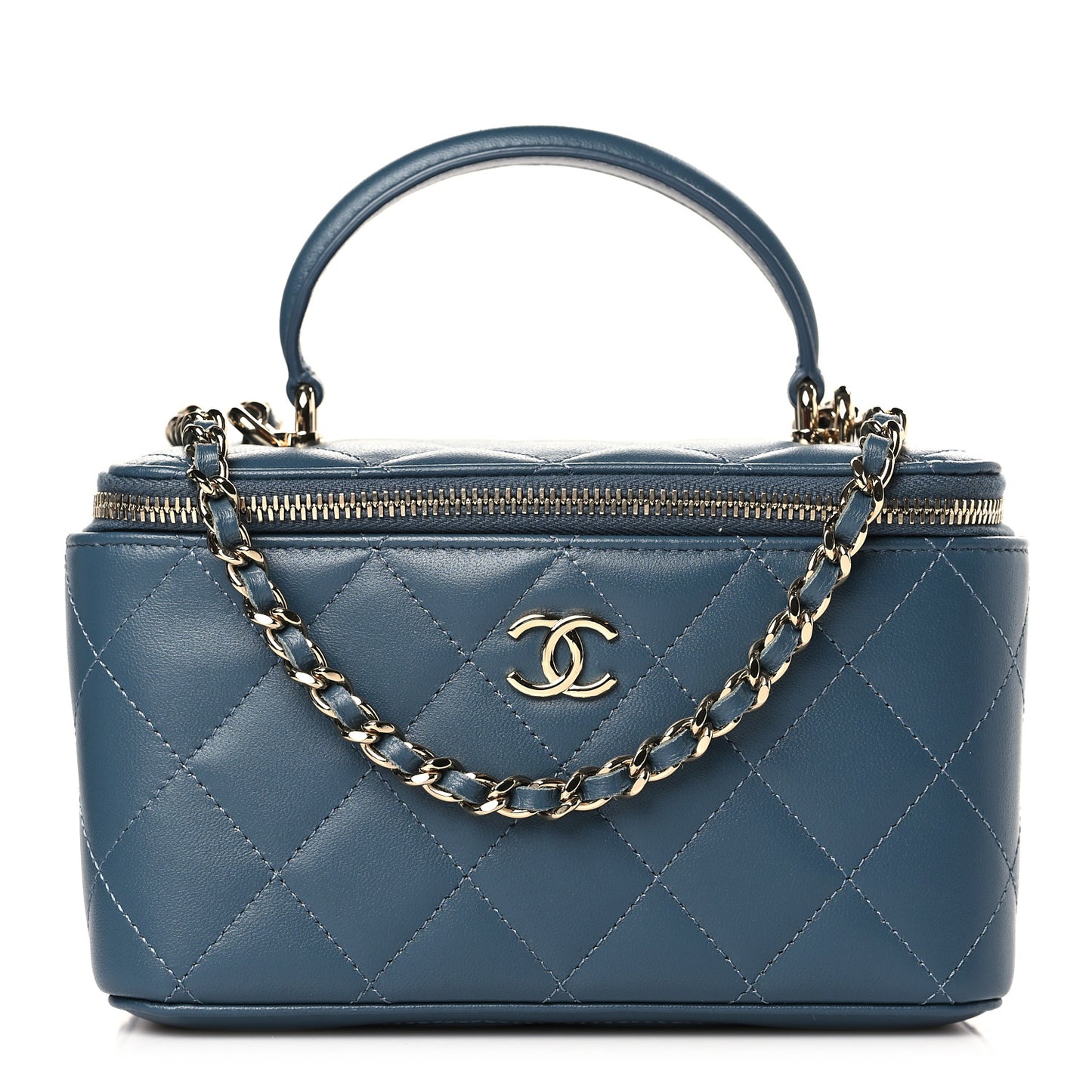 Lambskin Quilted Small Top Handle Vanity Case With Chain Blue