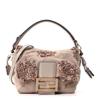 Fendi Suede Sequin Embroidered Small Mamma Baguette Tortora 1 of 9