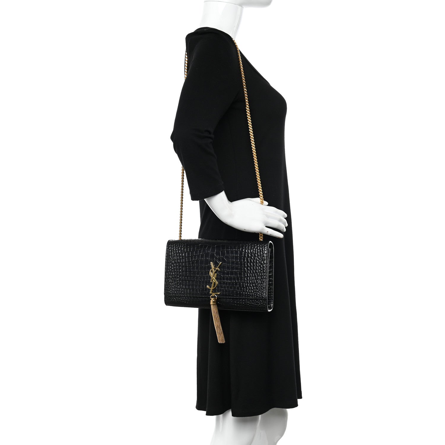 Saint Laurent Calfskin Crocodile Embossed Medium Classic Monogram Kate Tassel Satchel Black 2 of 13