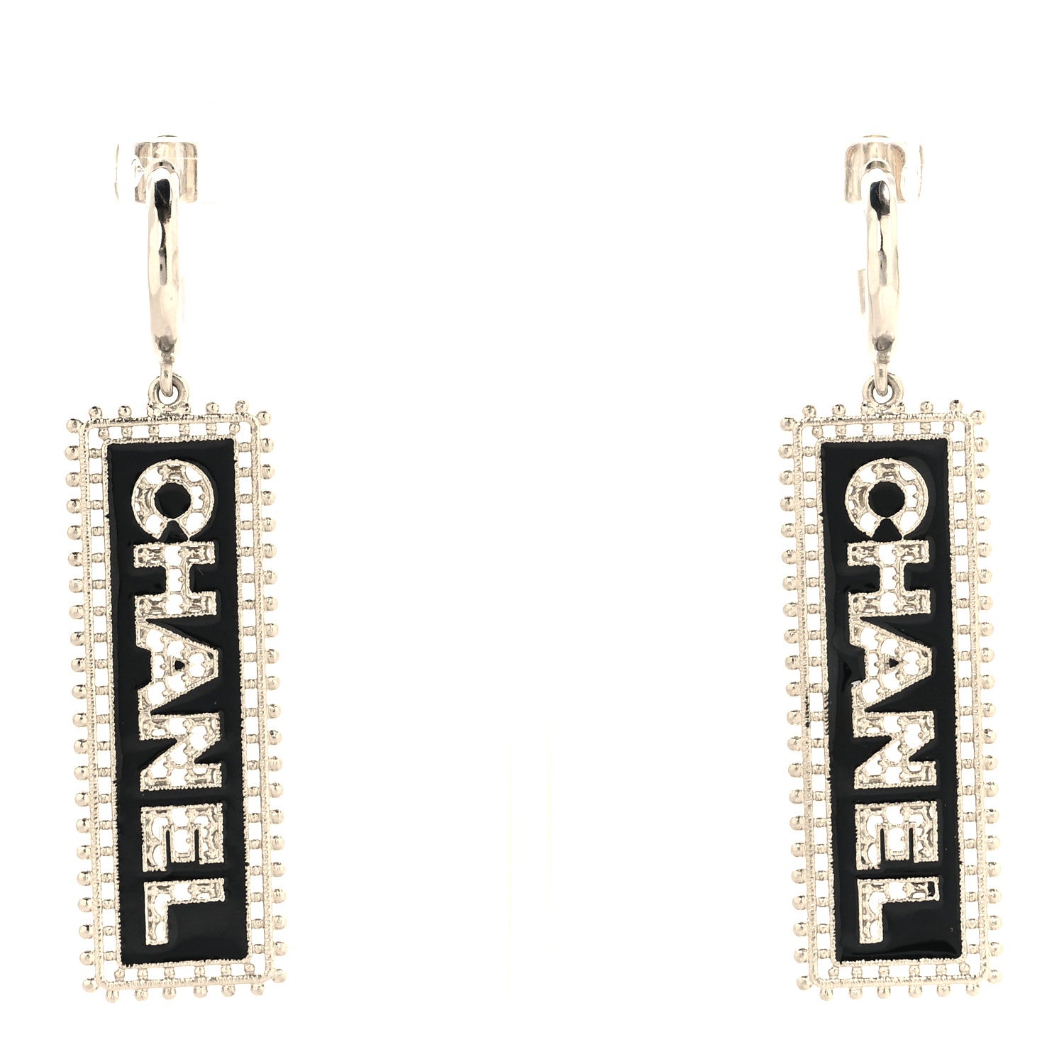 Chanel Metal Enamel Logo Drop Earrings Silver Black 1 of 4