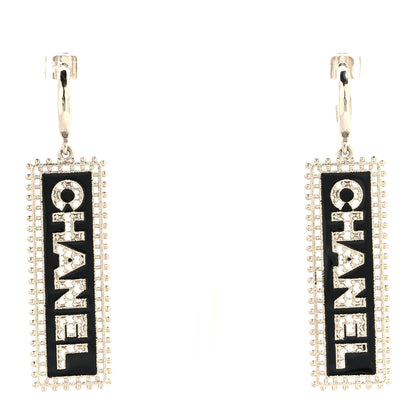 Chanel Metal Enamel Logo Drop Earrings Silver Black 1 of 4