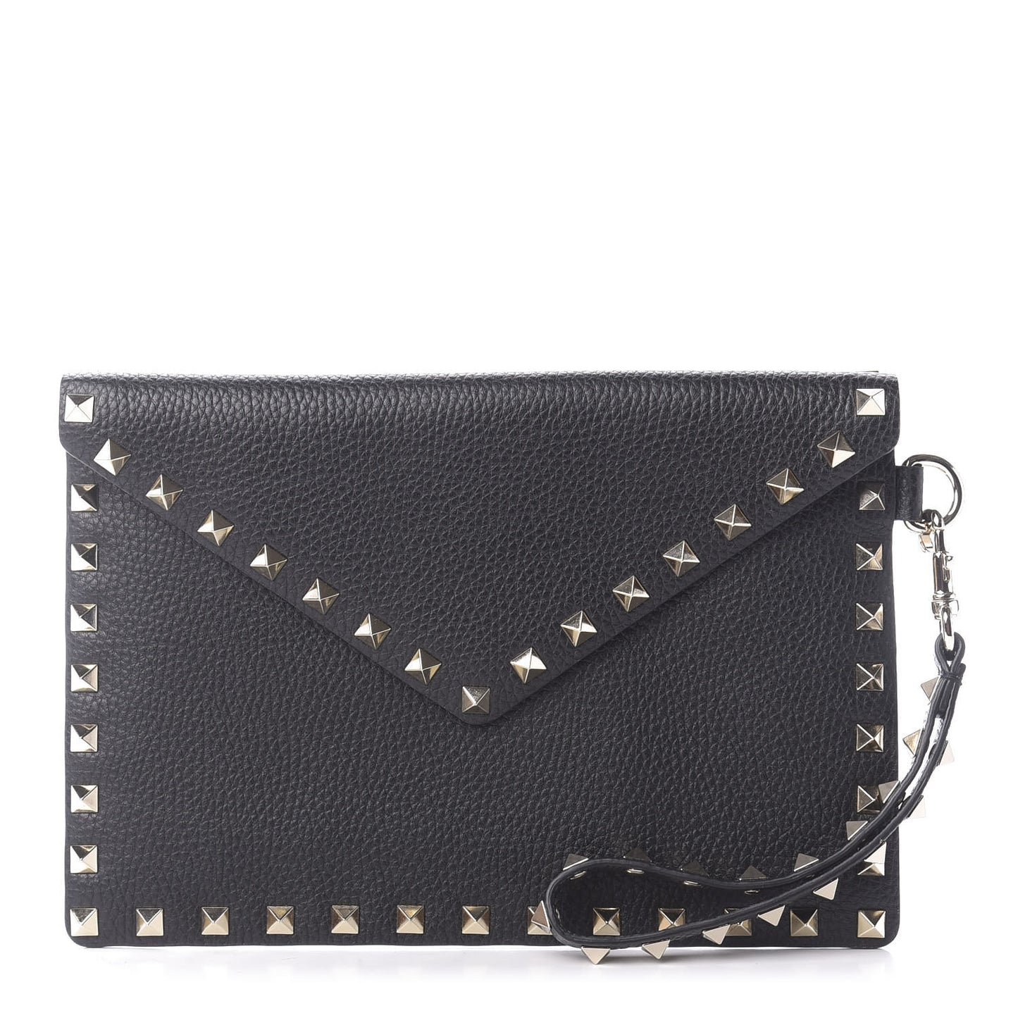 Pebbled Calfskin Medium Rockstud Envelope Flat Wristlet Pouch Black