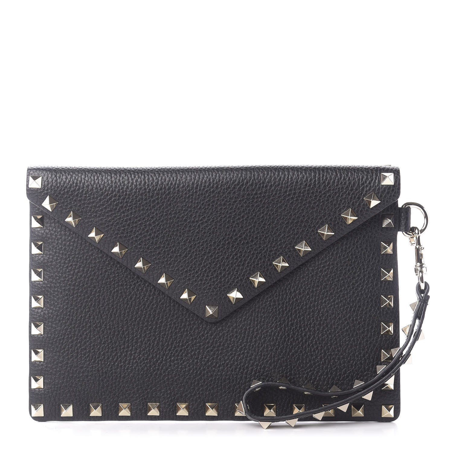 Valentino Garavani Pebbled Calfskin Medium Rockstud Envelope Flat Wristlet Pouch Black 1 of 8