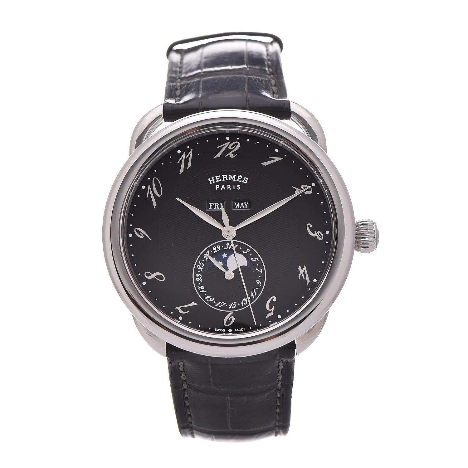 Hermes Stainless Steel Alligator 43mm Arceau Grande Lune Automatic Watch Graphite 1 of 7