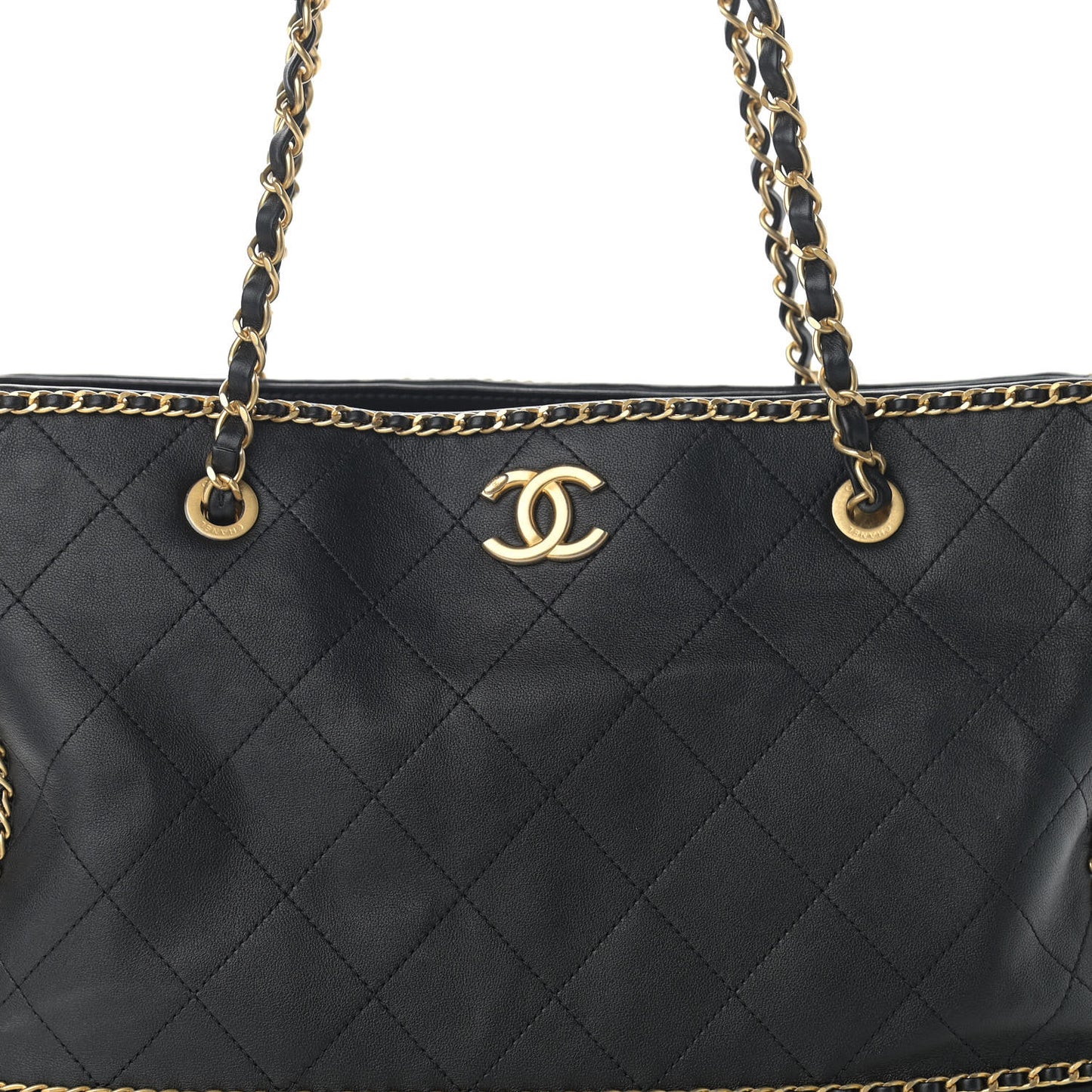 Calfskin Quilted Chain Lines Shopping Tote Black
