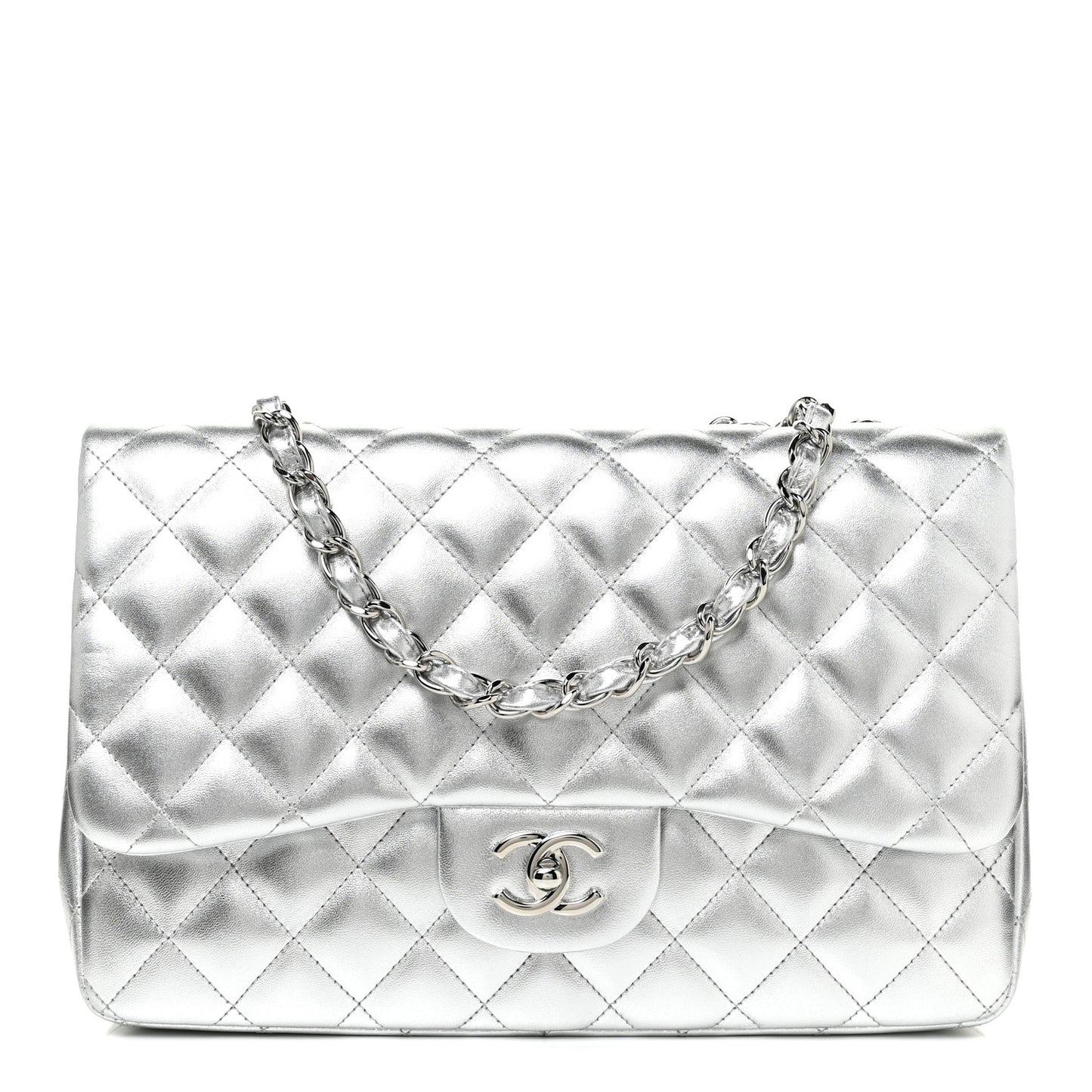 Metallic Lambskin Quilted Jumbo Single Flap Silver